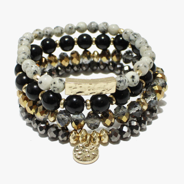88015_Black, multi layered bead stretch bracelet 