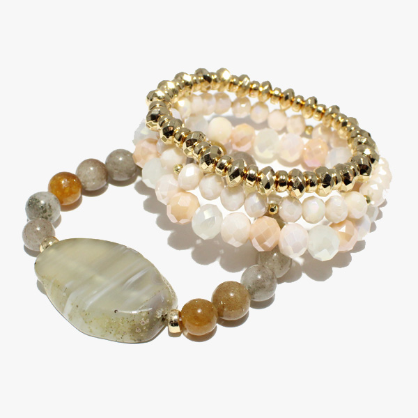 88055_Grey, semi precious stone multi layered bead stretch bracelet 