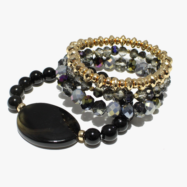 88055_Black, semi precious stone multi layered bead stretch bracelet 