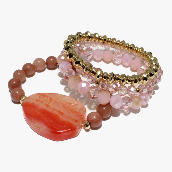 88055_Pink, semi precious stone multi layered bead stretch bracelet 