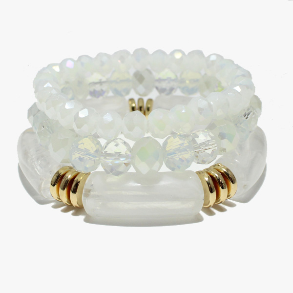 88057_White, celluloid acetate accent multi layered bead stretch bracelet 