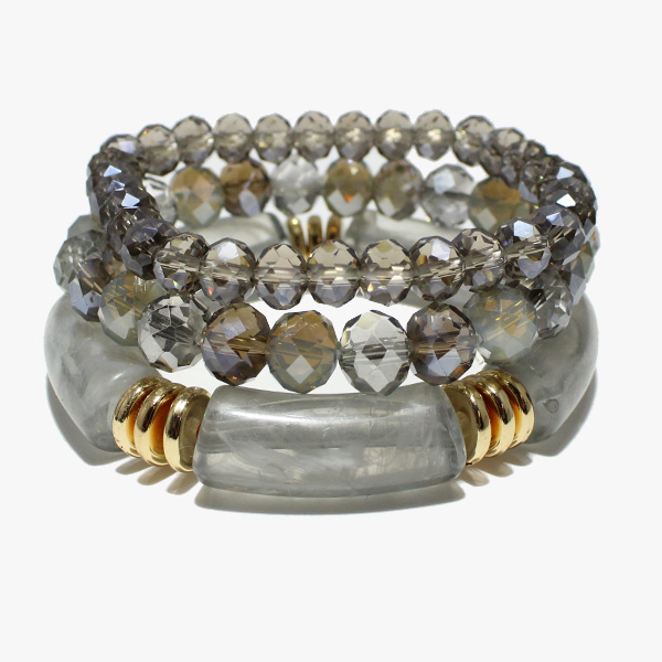 88057_Grey, celluloid acetate accent multi layered bead stretch bracelet 
