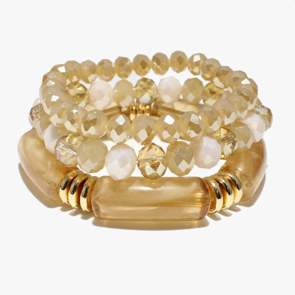 88057_Natural, celluloid acetate accent multi layered bead stretch bracelet 