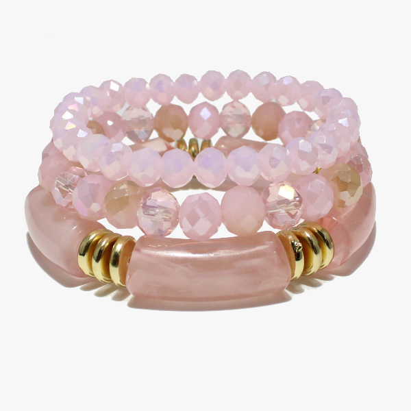 88057_Pink, celluloid acetate accent multi layered bead stretch bracelet 