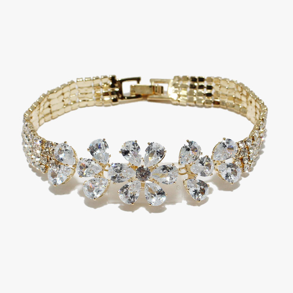 88210_Gold/Clear, flower accent cubic zirconia bracelet 