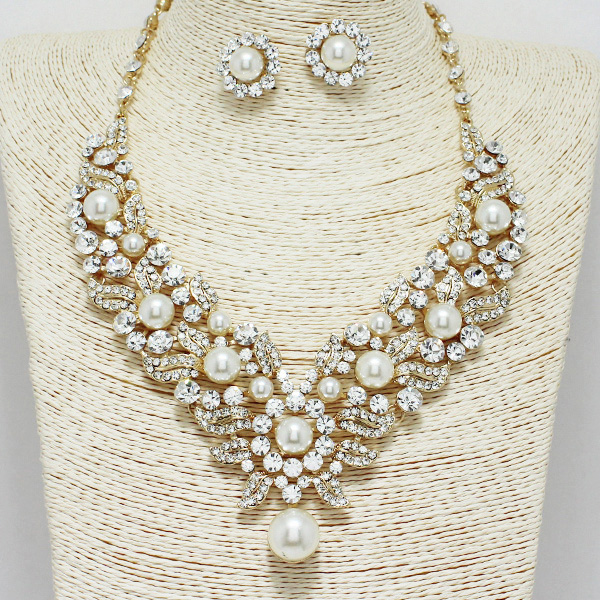 88246_Gold/Clear, flower accent pearl & rhinestone evening necklace