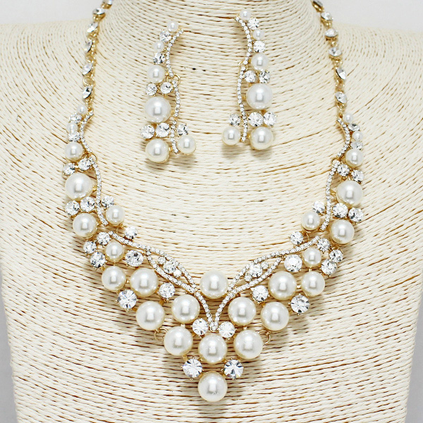 88247_Gold/Clear, pearl & rhinestone evening necklace