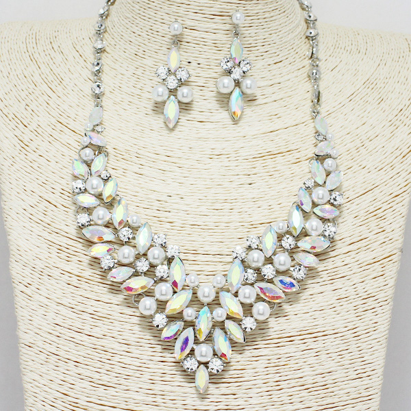 88249_Silver/AB, marquise accent rhinestone & pearl evening necklace 