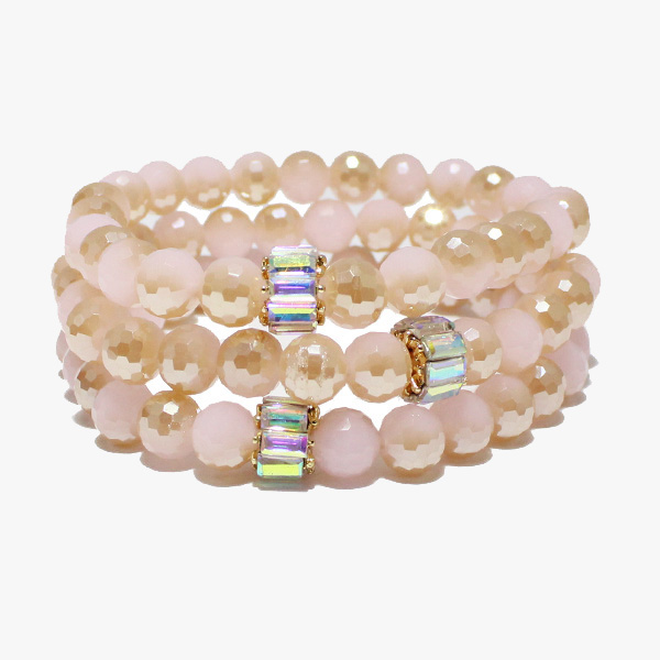 88285_Pink, baguette rhinestone accent multi layered bead stretch bracelet 
