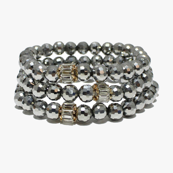 88285_Silver, baguette rhinestone accent multi layered bead stretch bracelet 
