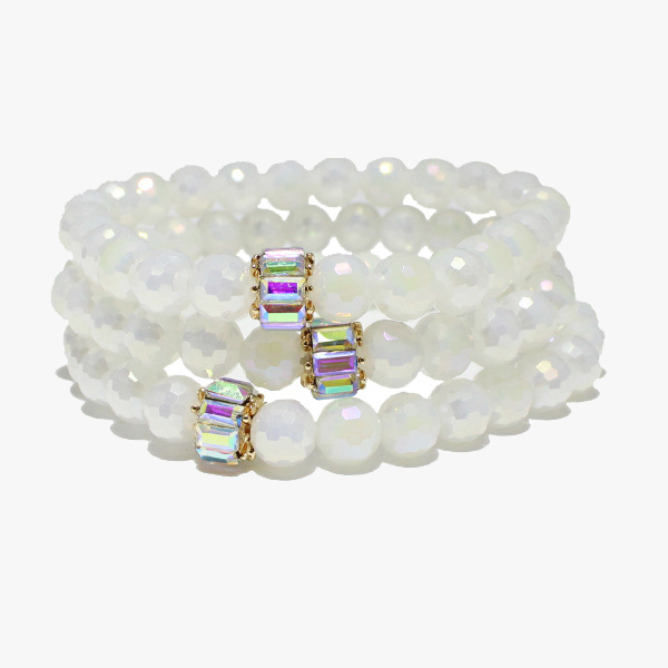 88285_White, baguette rhinestone accent multi layered bead stretch bracelet 