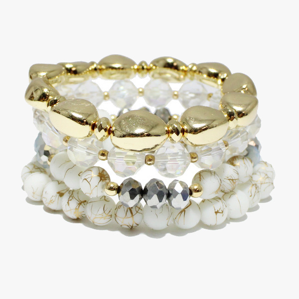 88286_White, round nugget with multi layered bead stretch bracelet 