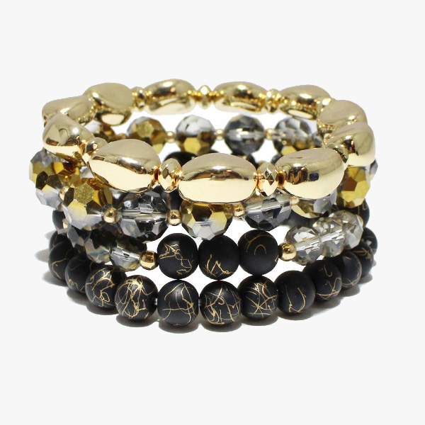 88286_Black, round nugget with multi layered bead stretch bracelet 