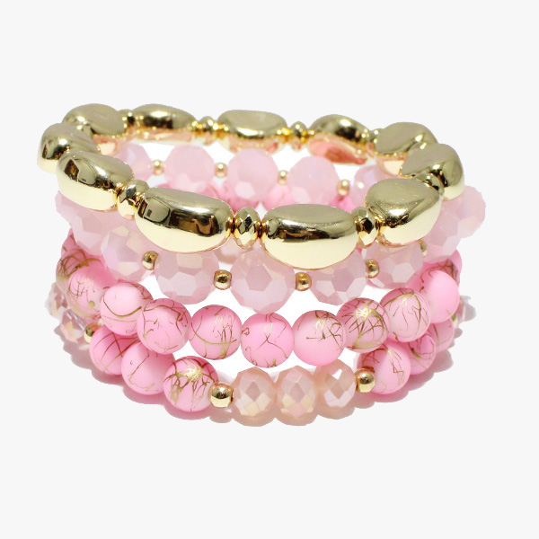 88286_Pink, round nugget with multi layered bead stretch bracelet 