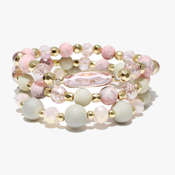 88287_Pink, multi layered bead stretch bracelet 