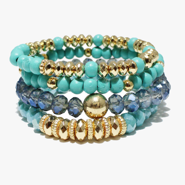 88288_Turquoise, multi layered wood bead stretch bracelet 