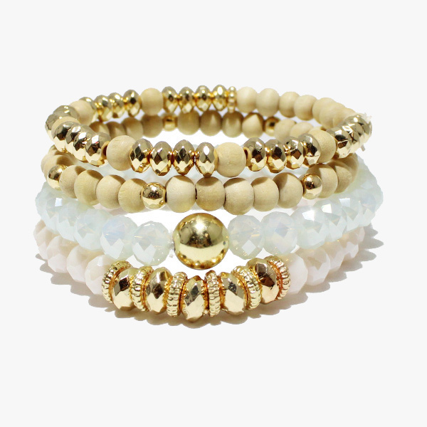 88288_Cream, multi layered wood bead stretch bracelet 