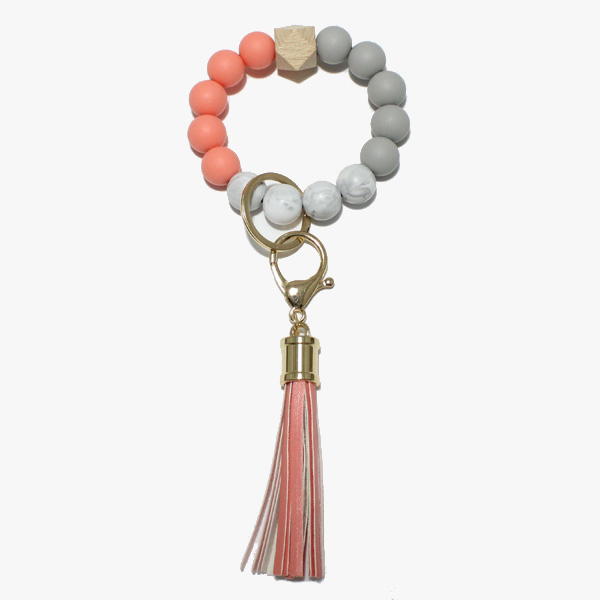 88342_Coral, silicone bead & wood keychain bracelet w/ faux leather tassel 