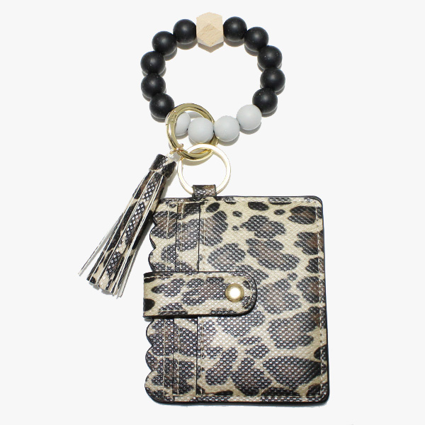 88344_Brown Leopard, silicone bead keychain bracelet w/ faux leather card wallet 