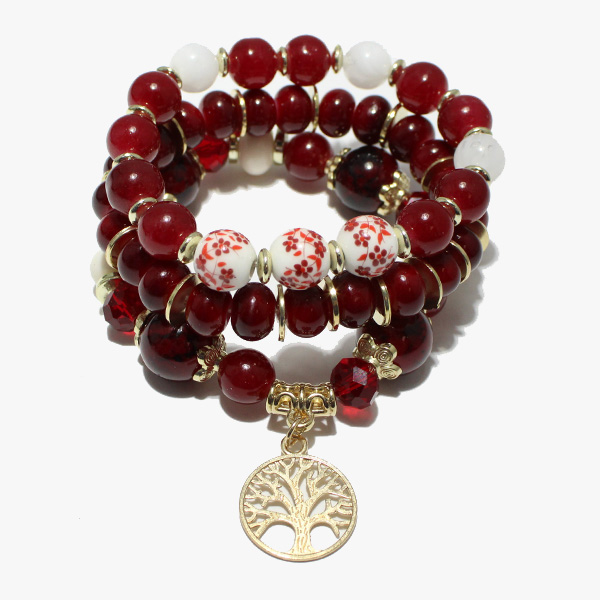 88565_Burgundy, tree of life charm multi layered bead stretch bracelet 