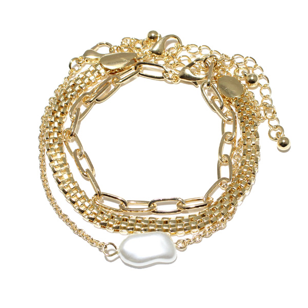 86065_Gold, pearl w/ chain 3pcs bracelet