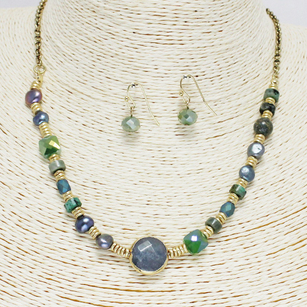 86225_Green, handmade natural stone n pearl necklace 