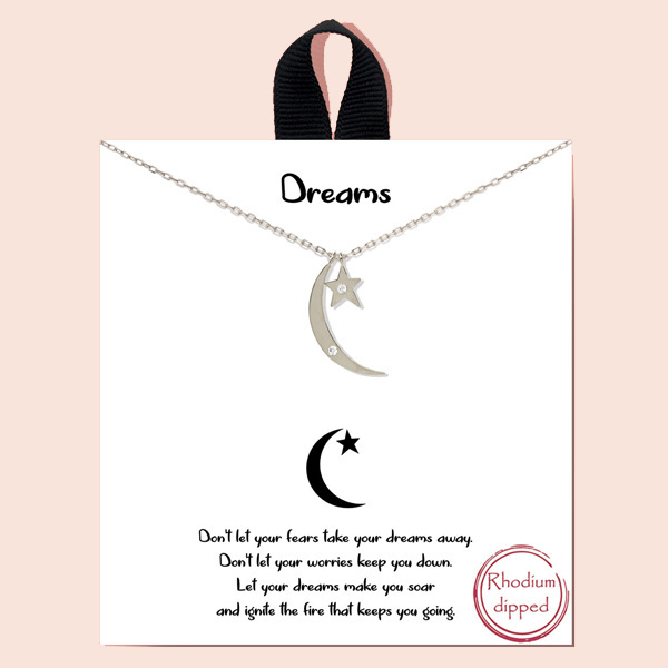 86602_Silver, "dreams" crescent moon n star dainty necklace/rhodium dipped