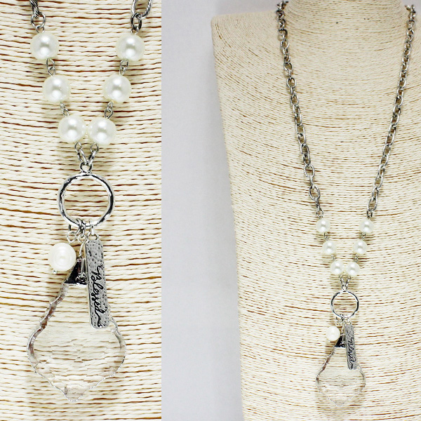 86674_Antique Silver/Pearl, "blessed" glass crystal long pendant necklace 