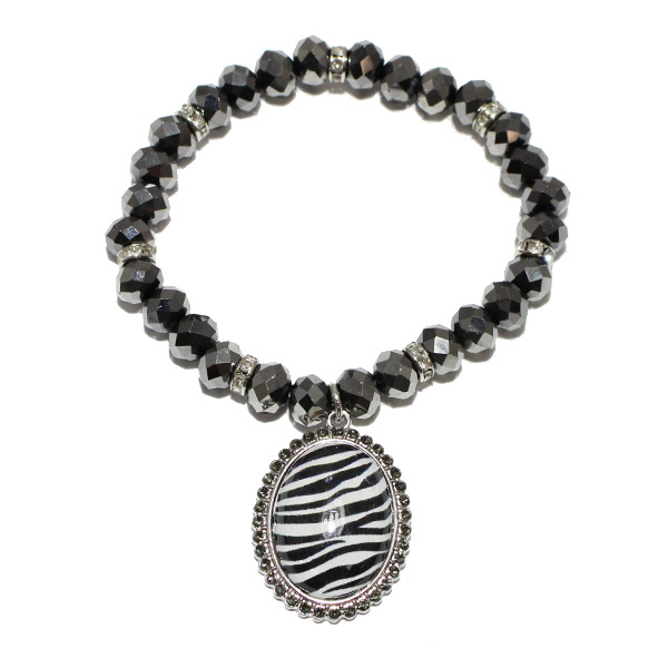 86714_Antique Silver, zebra print bubble oval stretch bead bracelet