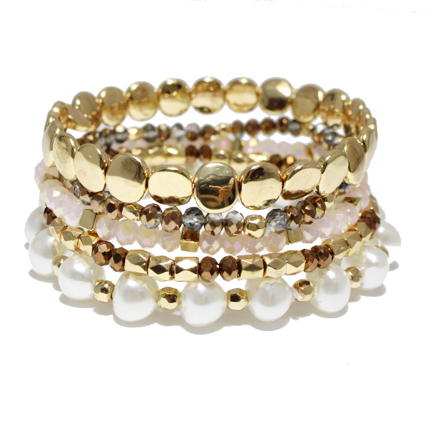 86717_Gold, freshwater pearl n bead multi layered stretch bracelet