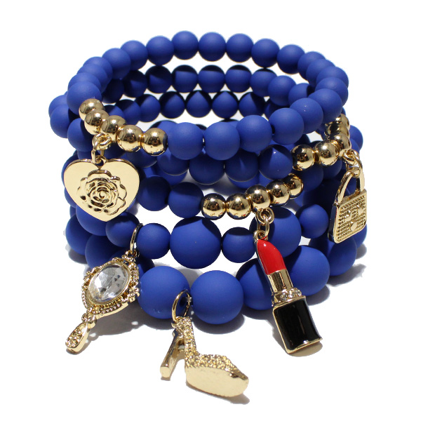 87026_Blue, handbag & lipstick charm multi layered bead stretch bracelet