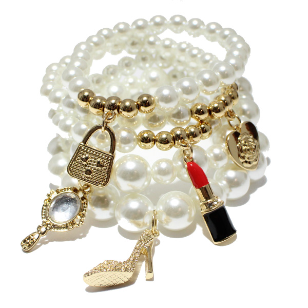 87026_Cream Pearl, handbag & lipstick charm multi layered bead stretch bracelet