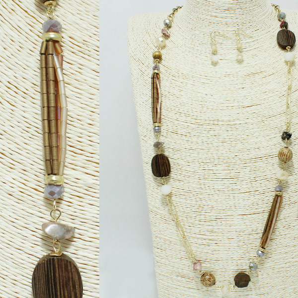 87095_Brown, handmade wood & beaded long necklace
