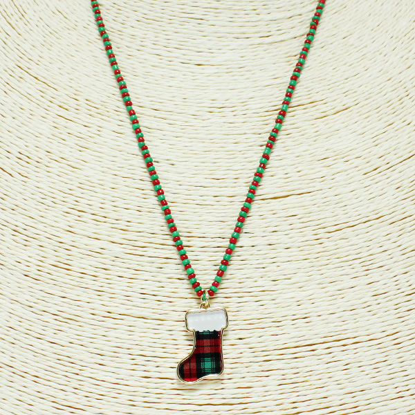 87154_Green/Red, plaid christmas socks charm necklace