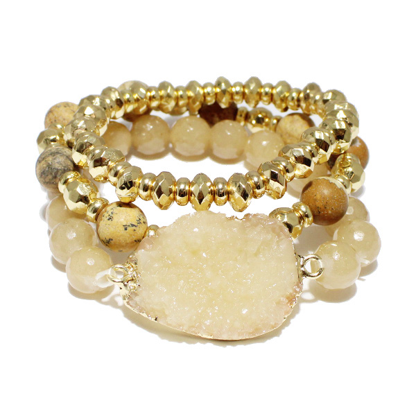 87287_Natural, druzy stone w/ multi layered bead stretch bracelet