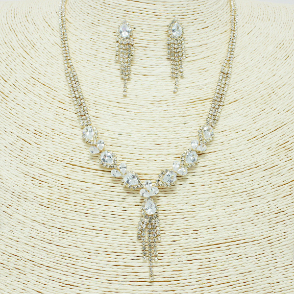 87349_Gold/Clear, cubic zirconia crystal rhinestone necklace