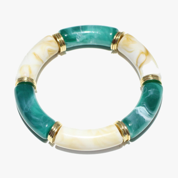 88621_Turquoise/Ivory, two tone celluloid acetate tube stretch bracelet 