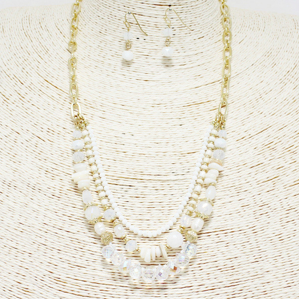 88729_Gold/White, multi layered crystal glass beaded necklace 