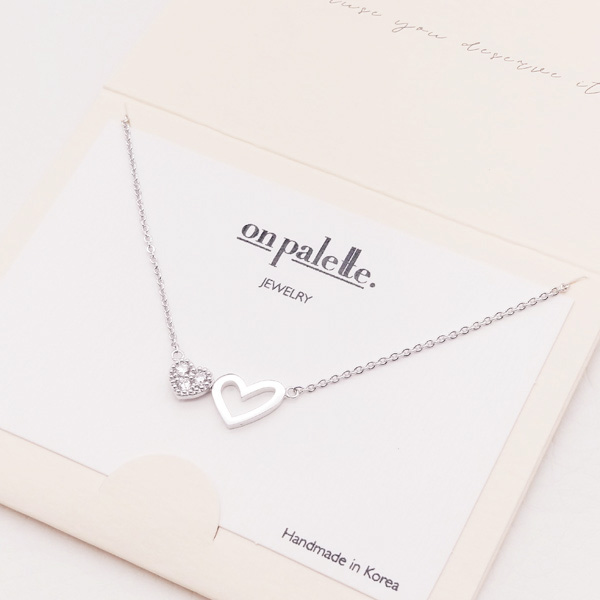 88759_Silver/Clear, dainty CZ double heart charm pendant necklace 