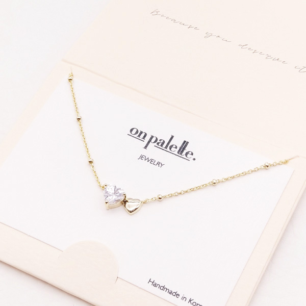 88762_Gold/Clear, dainty CZ double heart pendant necklace 