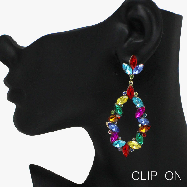 88811_Silver/Multi, marquise accent rhinestone evening clip on earring 