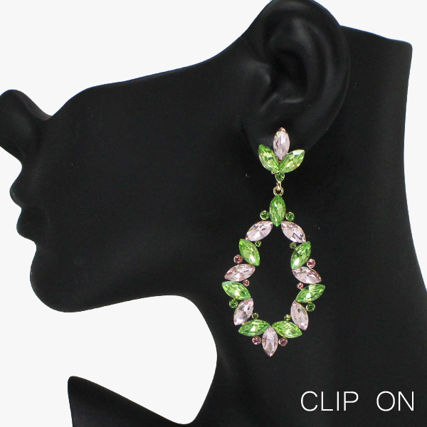 88811_Pink/Green, marquise accent rhinestone evening clip on earring 