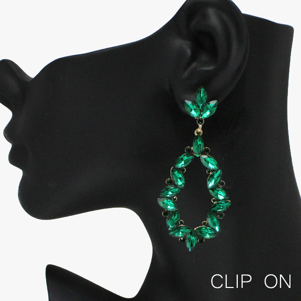 88811_Gold/Green, marquise accent rhinestone evening clip on earring 