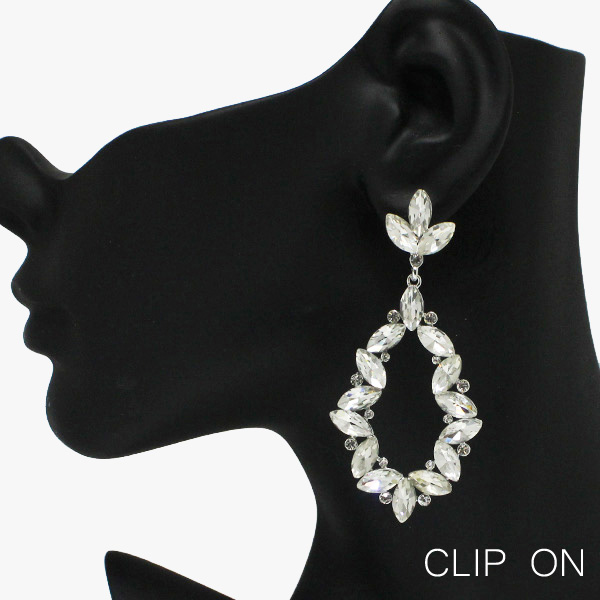88811_Silver/Clear, marquise accent rhinestone evening clip on earring 