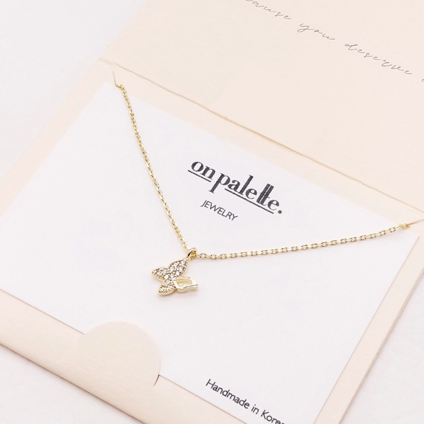 88852_Gold/Clear, dainty butterfly cubic zirconia pendant necklace 
