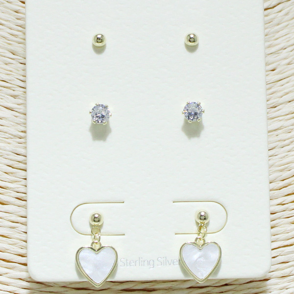 88877_Gold/Clear, heart accent 925 sterling silver post stud earring set 