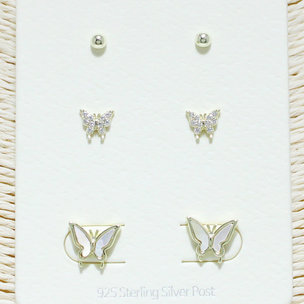 88880_Gold/Clear, butterfly accent 925 sterling silver post stud earring set 