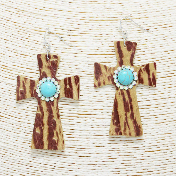88977_Turquoise, faux leather cross earring 