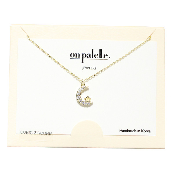 90216_Gold/Clear, dainty crescent moon cubic zirconia pendant necklace 