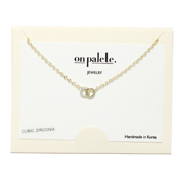 90223_Gold/Clear, dainty pave double ring pendant necklace, cubic zirconia 